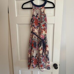Liberty of London Floral Paisley Pleated Swirl Halter Dress -Navy Trim &Tie sz M